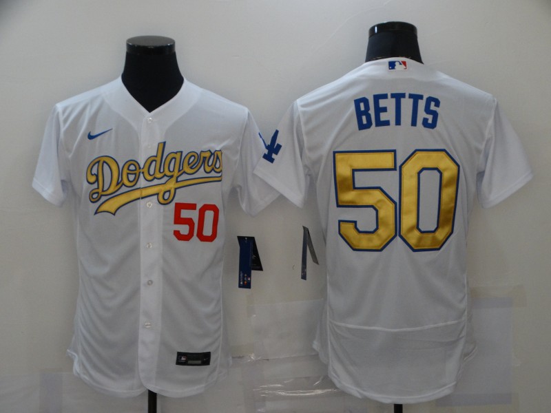 Men Los Angeles Dodgers 50 Mookie Betts White Gold 2020 Nike Flexbase Jersey