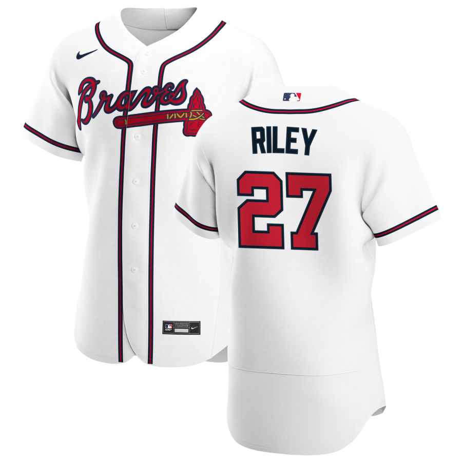 Men Atlanta Braves 27 Austin Riley Men Nike White Home 2020 Flex Base Player MLB Jersey