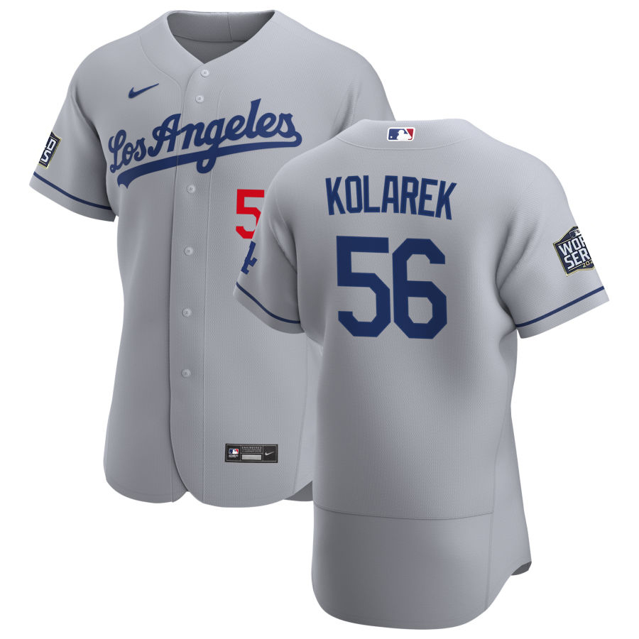 Men Los Angeles Dodgers 56 Adam Kolarek Men Nike Gray Road 2020 World Series Bound Flex Base Team ML