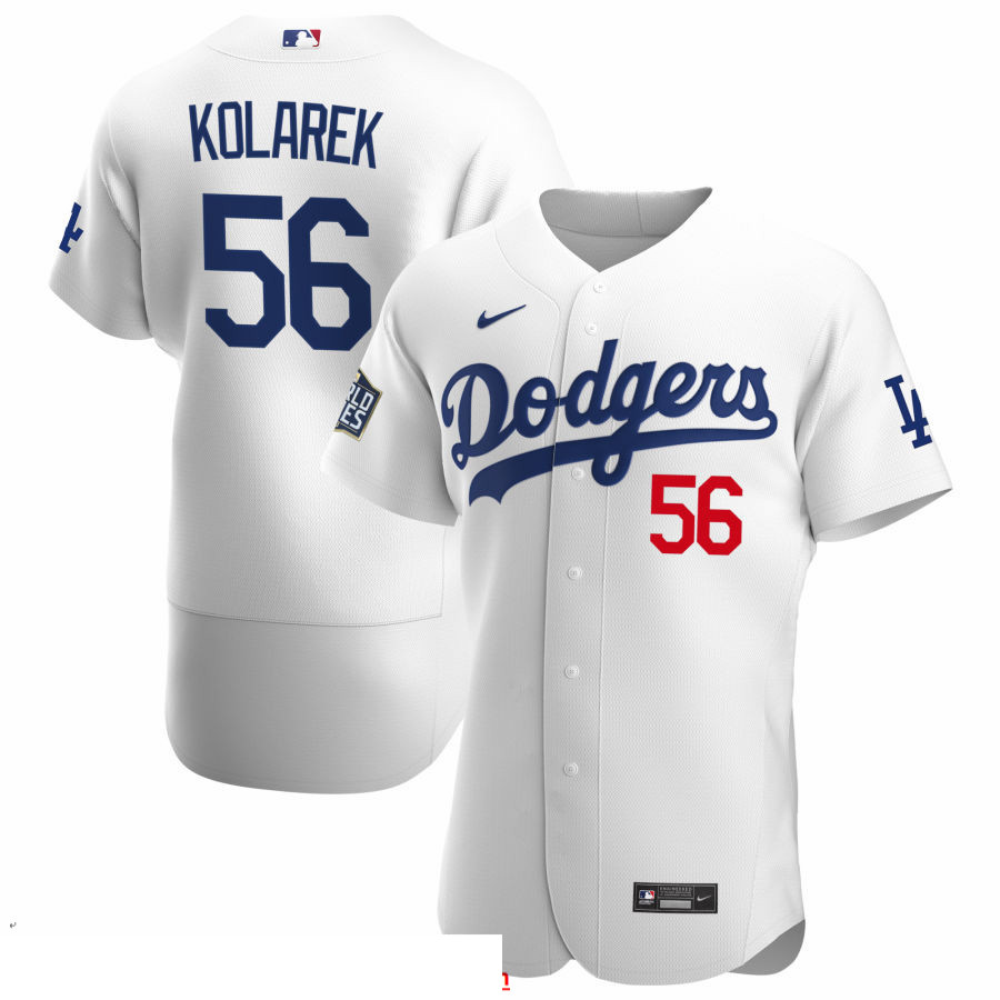 Men Los Angeles Dodgers 56 Adam Kolarek Men Nike White Home 2020 World Series Bound Flex Base Player