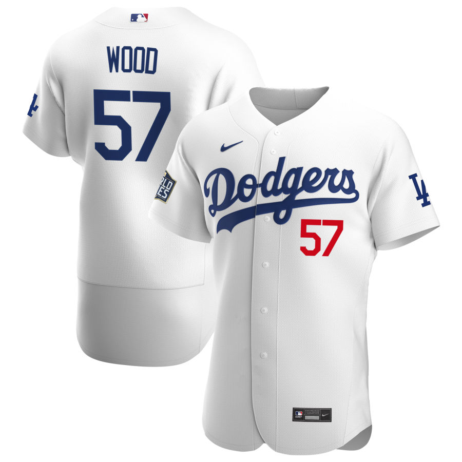 Men Los Angeles Dodgers 57 Alex Wood Men Nike White Home 2020 World Series Bound Flex Base Player ML