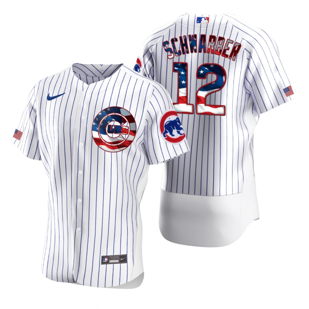 Men Chicago Cubs 12 Kyle Schwarber Men Nike White Fluttering USA Flag Limited Edition Flex Base MLB 