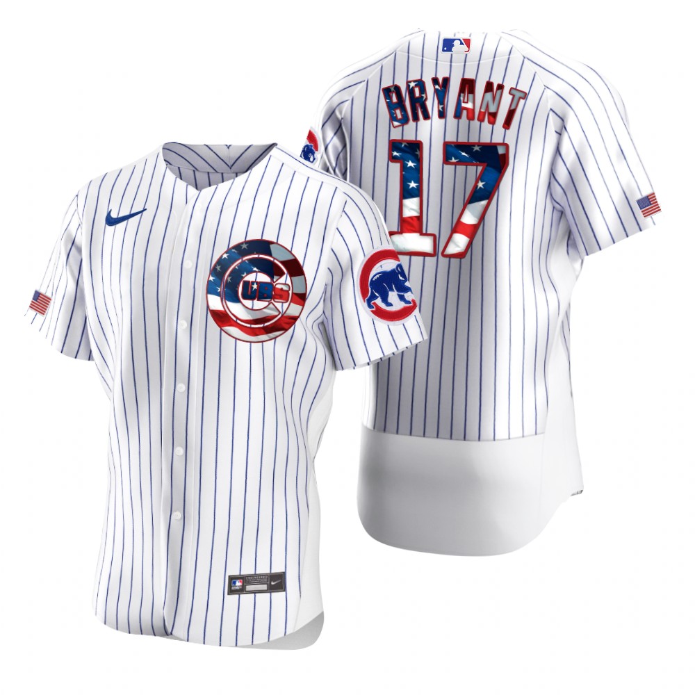 Men Chicago Cubs 17 Kris Bryant Men Nike White Fluttering USA Flag Limited Edition Flex Base MLB Jer