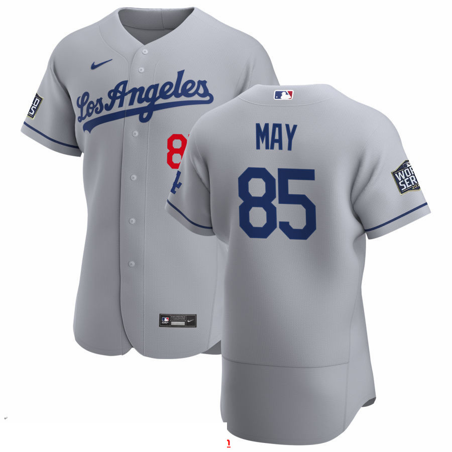 Men Los Angeles Dodgers 85 Dustin May Men Nike Gray Road 2020 World Series Bound Flex Base Team MLB 