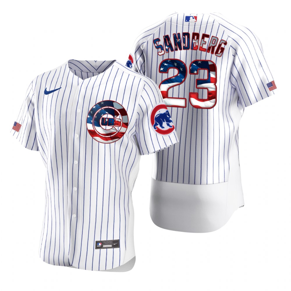 Men Chicago Cubs 23 Ryne Sandberg Men Nike White Fluttering USA Flag Limited Edition Flex Base MLB J