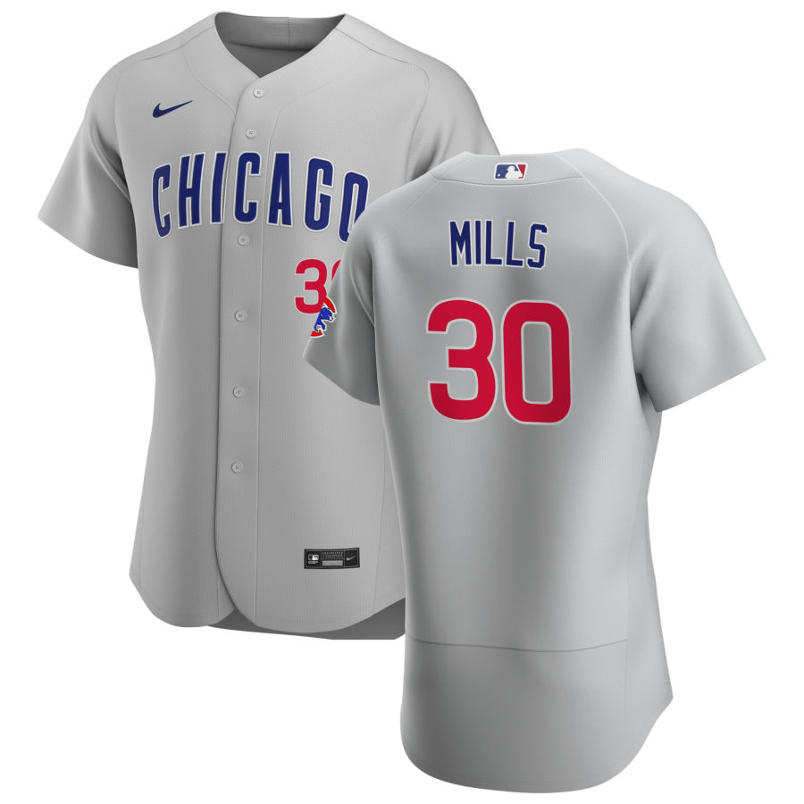 Men Chicago Cubs 30 Alec Mills Men Nike Gray Road 2020 Flex Base Team Jersey