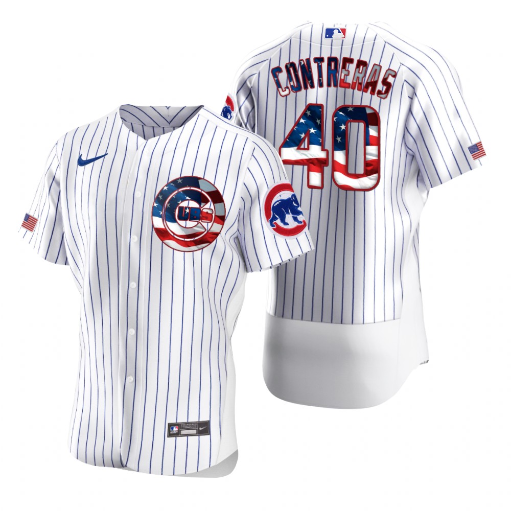 Men Chicago Cubs 40 Willson Contreras Men Nike White Fluttering USA Flag Limited Edition Flex Base M