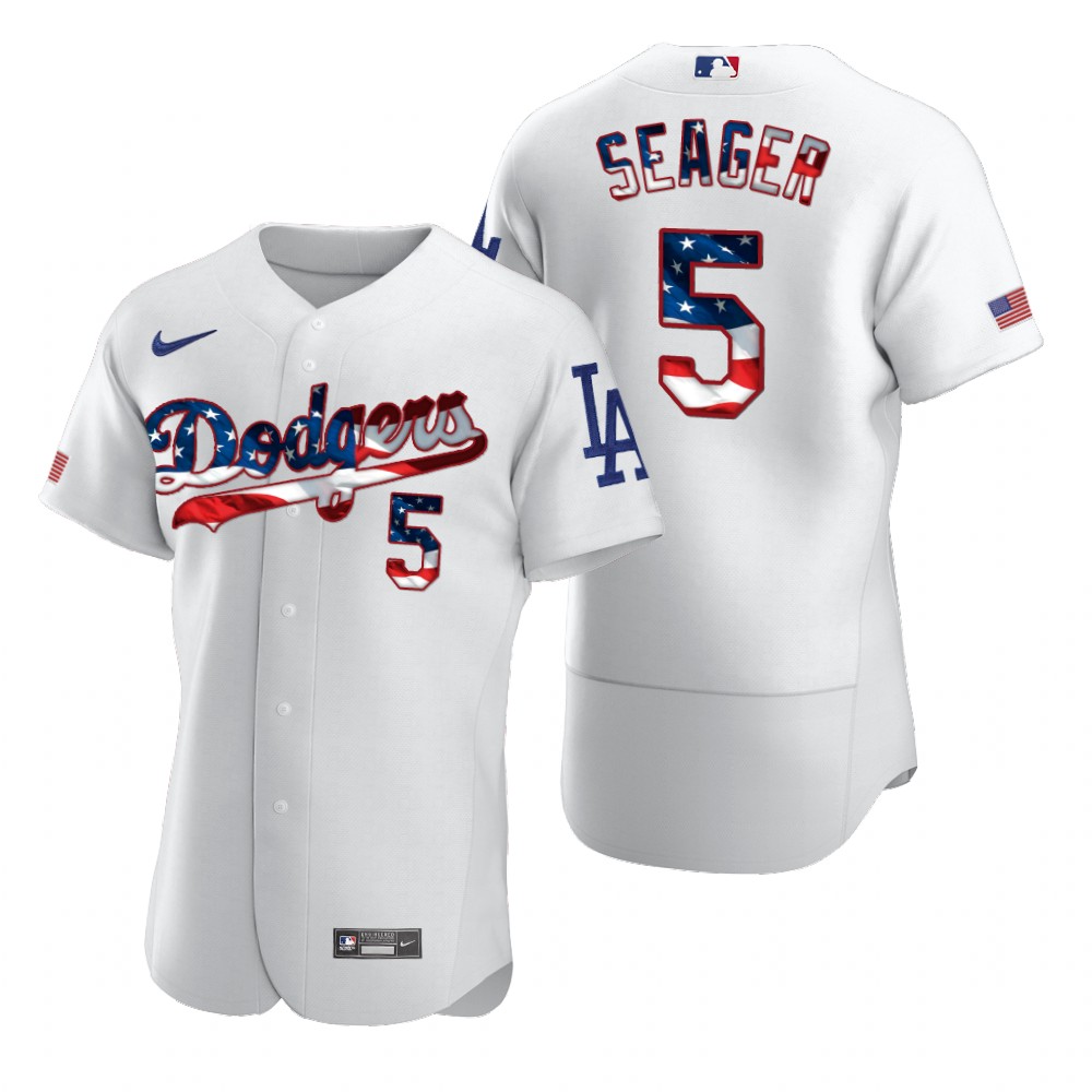 Men Los Angeles Dodgers 5 Corey Seager Men Nike White Fluttering USA Flag Limited Edition Flex Base 