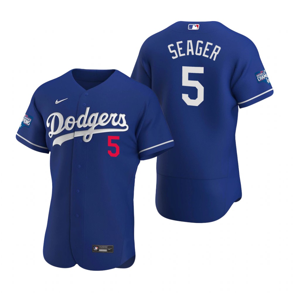 Men Los Angeles Dodgers 5 Corey Seager Royal 2020 World Series Champions Flex Base Jersey