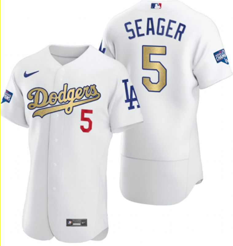 Men Los Angeles Dodgers 5 Corey Seager White Gold Nike 2020 World Series Champions Flexbase Jersey