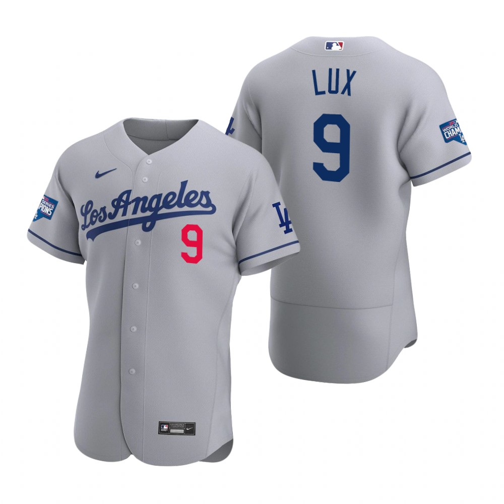 Men Los Angeles Dodgers 9 Gavin Lux Gray 2020 World Series Champions Road Flex Base Jersey