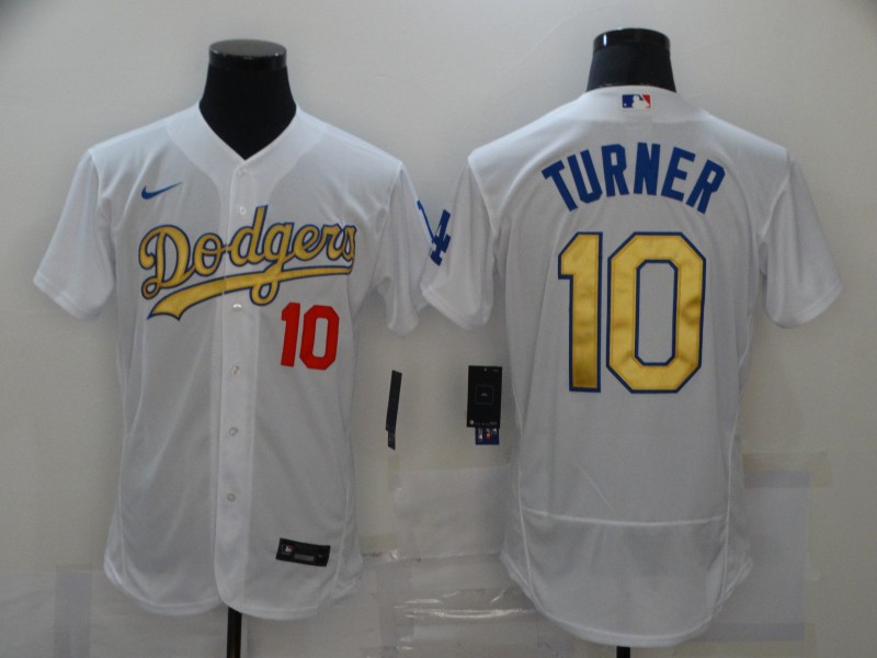 Men Los Angeles Dodgers 10 Justin Turner White Gold 2020 Nike Flexbase Jersey