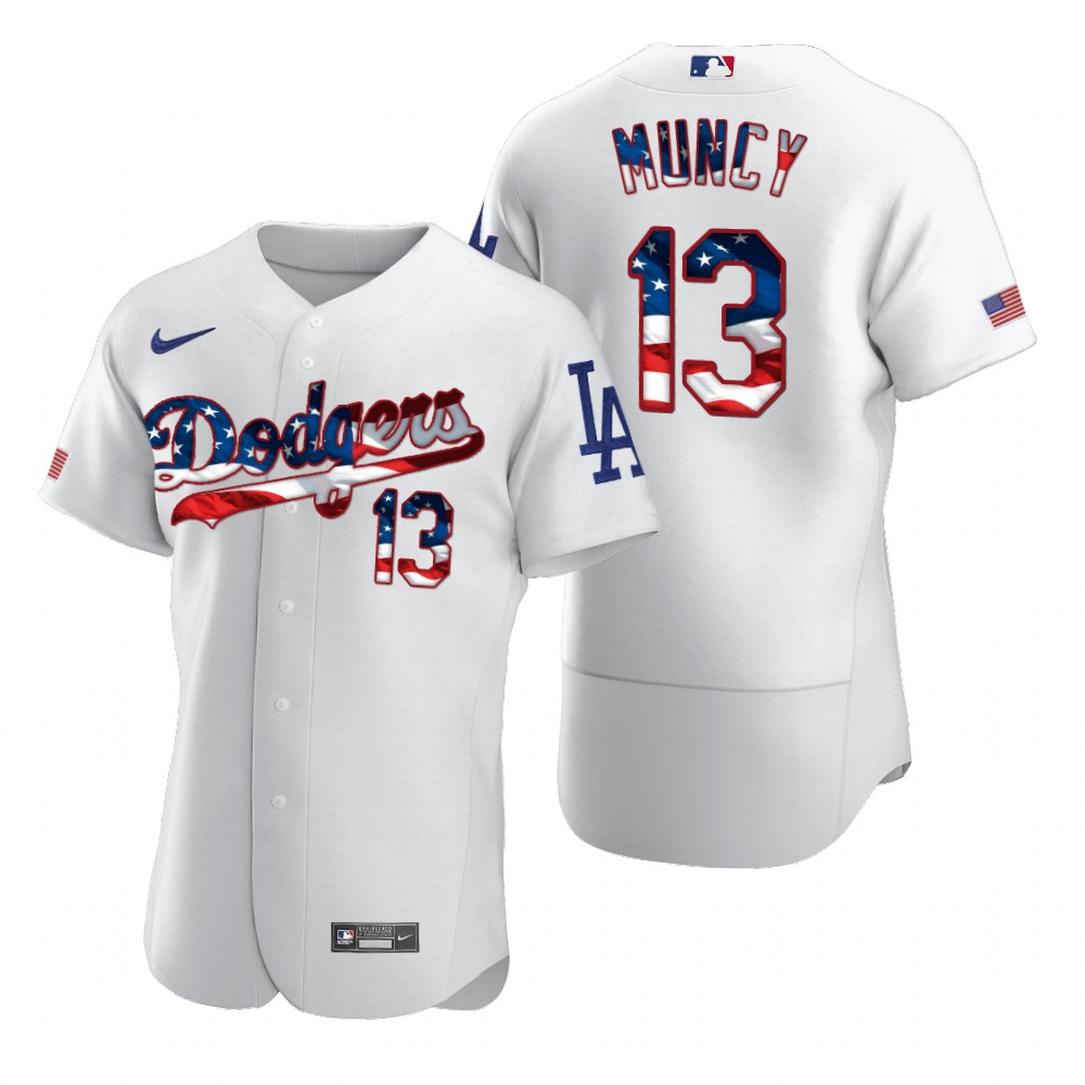 Men Los Angeles Dodgers 13 Max Muncy Men Nike White Fluttering USA Flag Limited Edition Flex Base ML