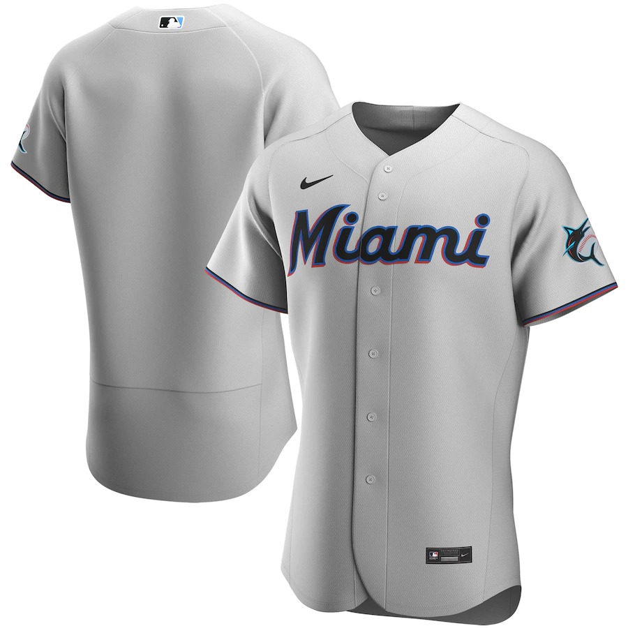 Men Miami Marlins Nike Gray Road 2020 Flex Base Team Jersey