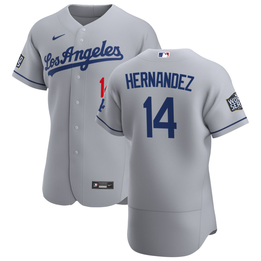 Men Los Angeles Dodgers 14 Enrique Hernandez Men Nike Gray Road 2020 World Series Bound Flex Base Te