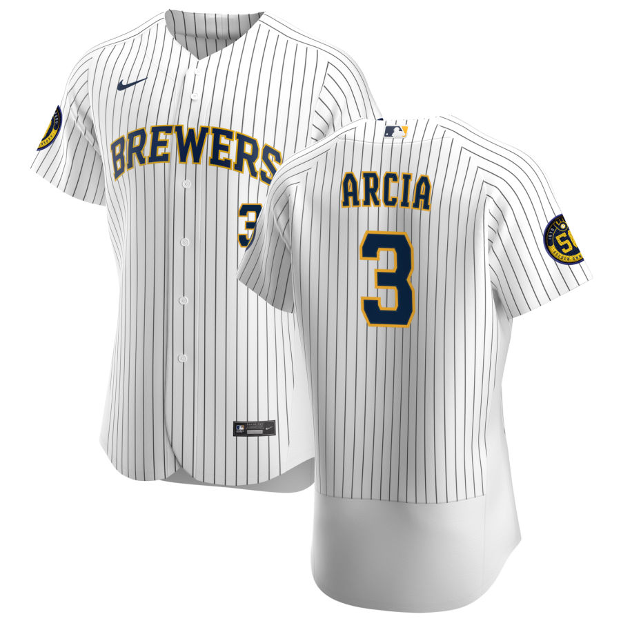 Men Milwaukee Brewers 3 Orlando Arcia Men Nike White Home 2020 Flex Base Player MLB Jersey