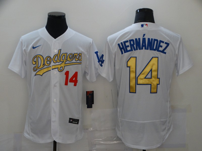 Men Los Angeles Dodgers 14 Enrique Hernandez White Gold 2020 Nike Flexbase Jersey