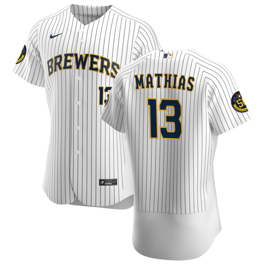 Men Milwaukee Brewers 13 Mark Mathias Men Nike White Home 2020 Flex Base Player MLB Jersey