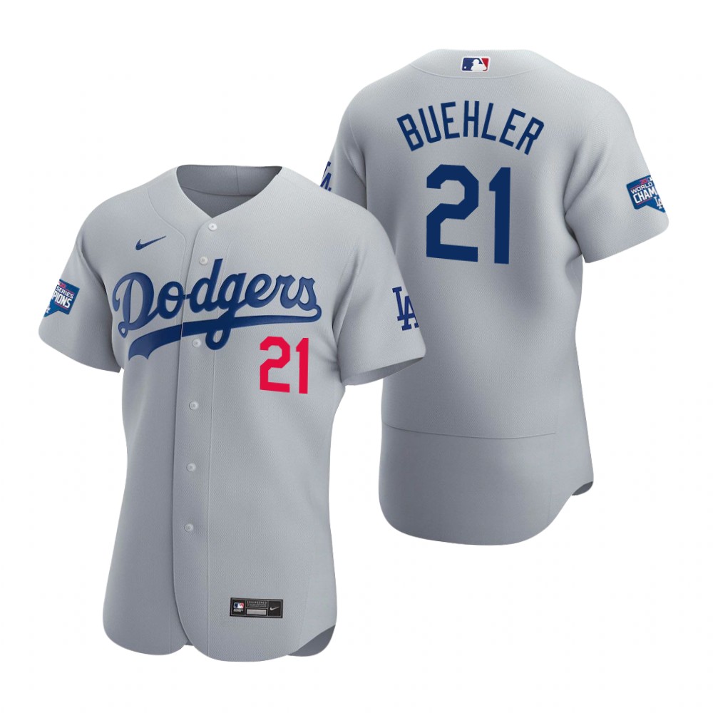 Men Los Angeles Dodgers 21 Walker Buehler Gray 2020 World Series Champions Flex Base Jersey