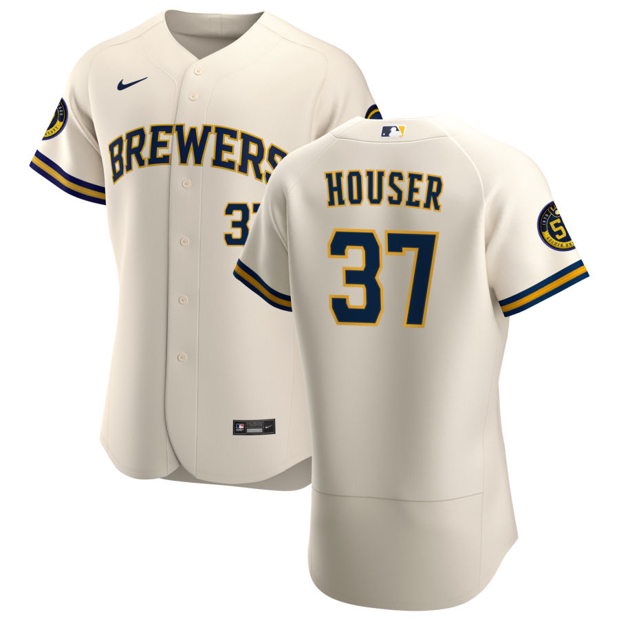 Men Milwaukee Brewers 37 Adrian Houser Men Nike Cream Home 2020 Flex Base Player MLB Jersey