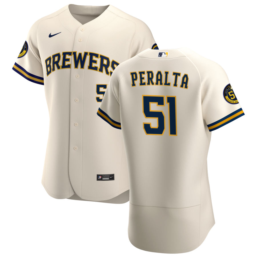 Men Milwaukee Brewers 51 Freddy Peralta Men Nike Cream Home 2020 Flex Base Player MLB Jersey