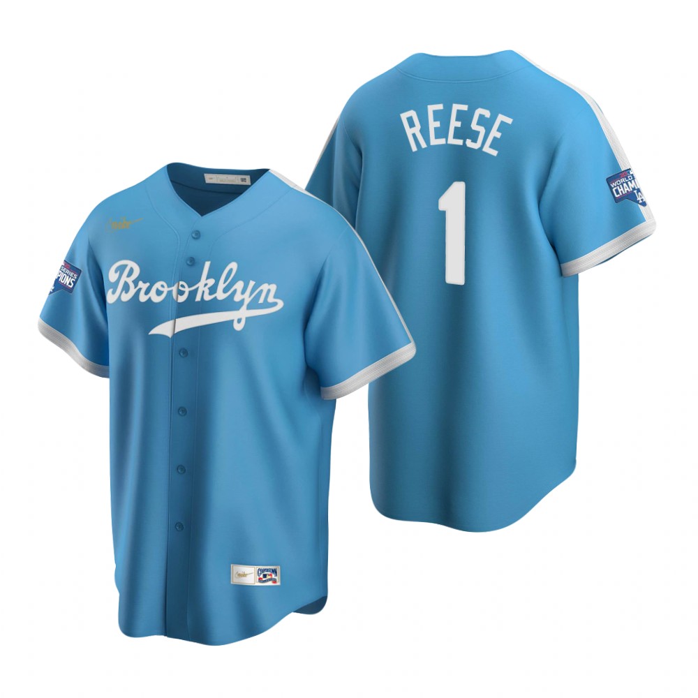 Men Brooklyn Los Angeles Dodgers 1 Pee Wee Reese Light Blue 2020 World Series Champions Cooperstown 