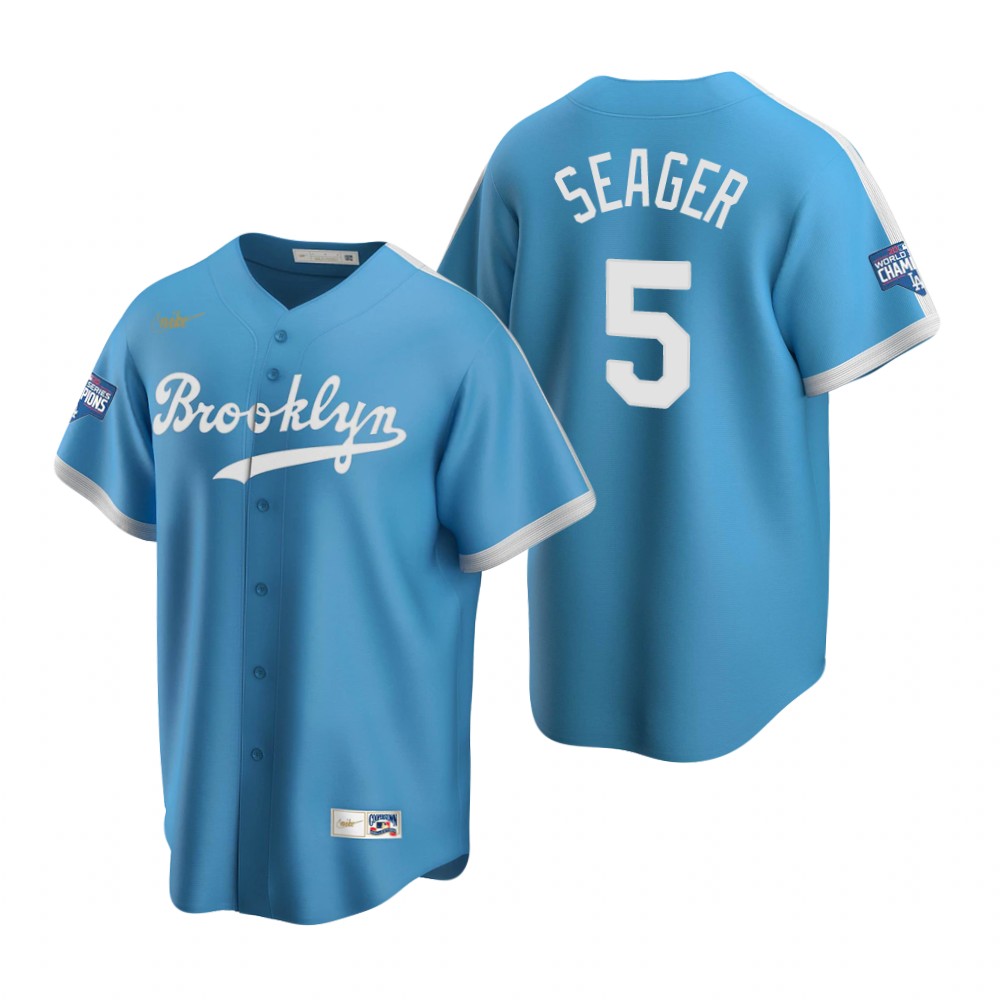 Men Brooklyn Los Angeles Dodgers 5 Corey Seager Light Blue 2020 World Series Champions Cooperstown C