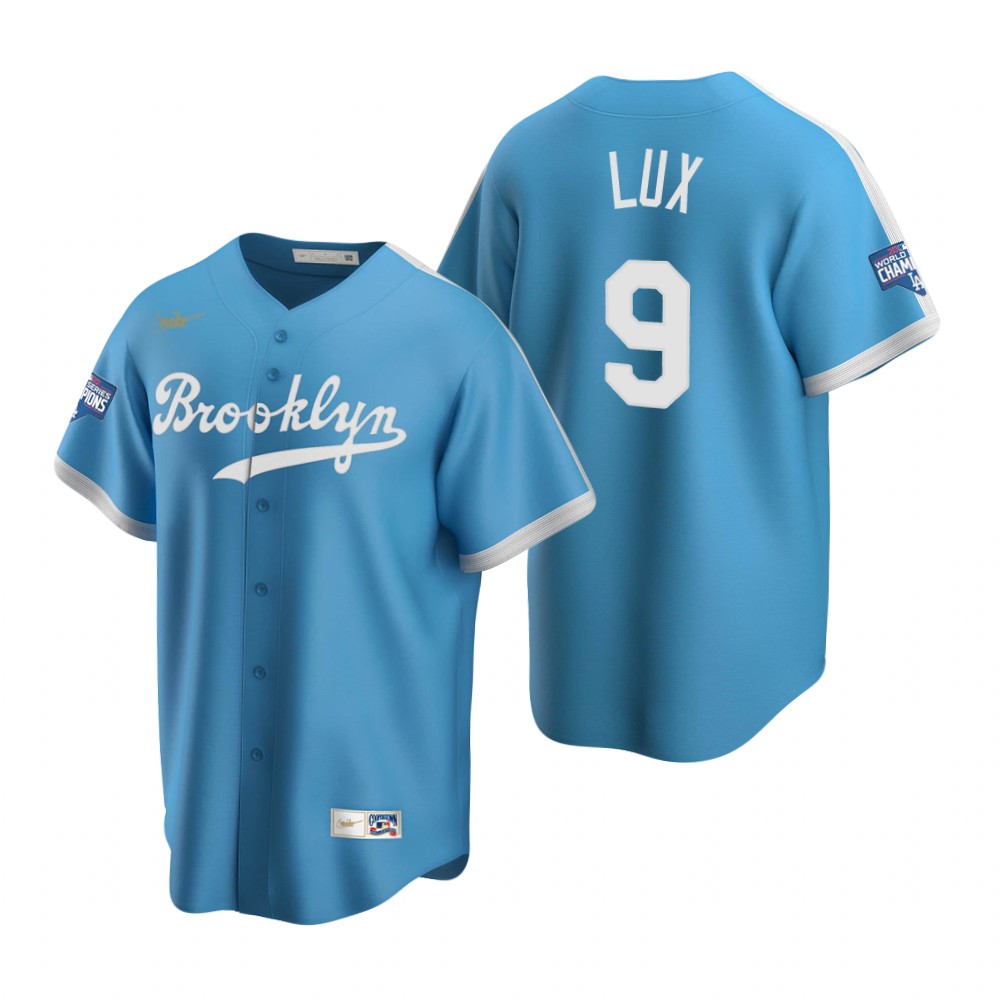 Men Brooklyn Los Angeles Dodgers 9 Gavin Lux Light Blue 2020 World Series Champions Cooperstown Coll