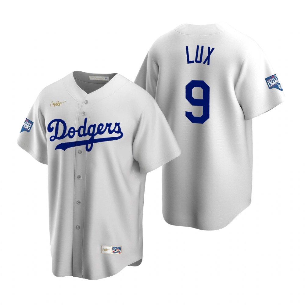 Men Brooklyn Los Angeles Dodgers 9 Gavin Lux White 2020 World Series Champions Cooperstown Collectio