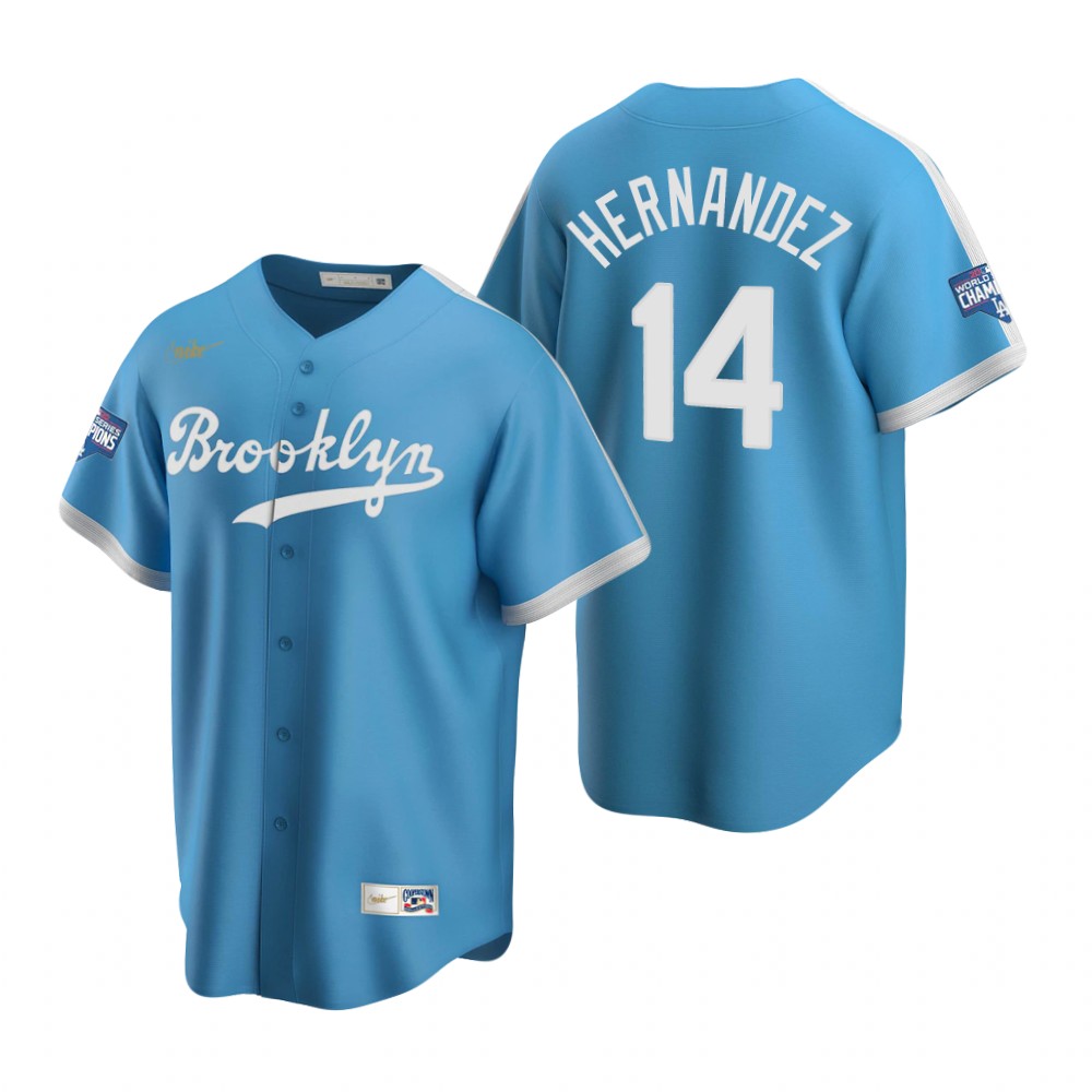 Men Brooklyn Los Angeles Dodgers 14 Enrique Hernandez Light Blue 2020 World Series Champions Coopers