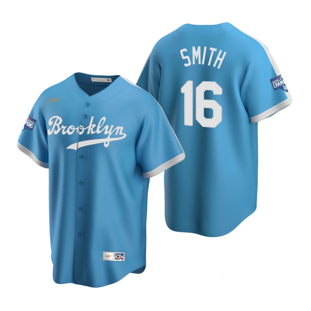 Men Brooklyn Los Angeles Dodgers 16 Will Smith Light Blue 2020 World Series Champions Cooperstown Co