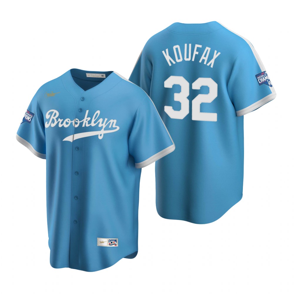 Men Brooklyn Los Angeles Dodgers 32 Sandy Koufax Light Blue 2020 World Series Champions Cooperstown 