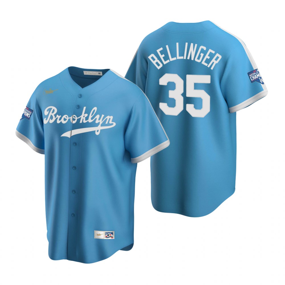 Men Brooklyn Los Angeles Dodgers 35 Cody Bellinger Light Blue 2020 World Series Champions Cooperstow