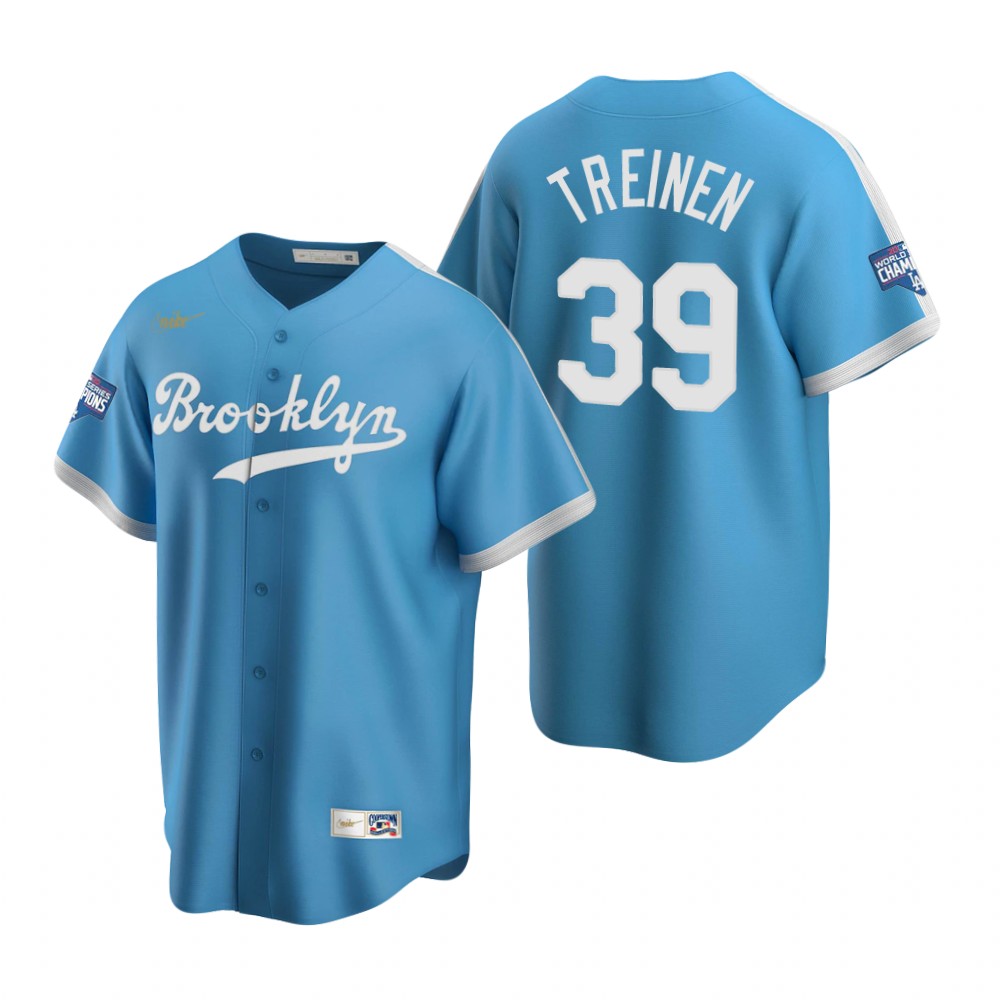 Men Brooklyn Los Angeles Dodgers 39 Blake Treinen Light Blue 2020 World Series Champions Cooperstown