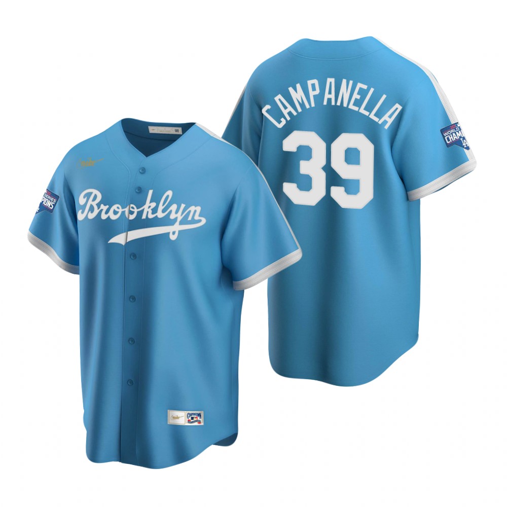 Men Brooklyn Los Angeles Dodgers 39 Roy Campanella Light Blue 2020 World Series Champions Cooperstow