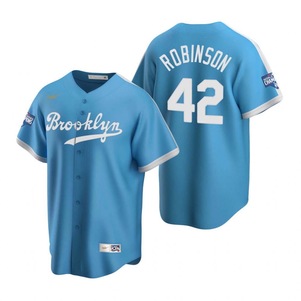 Men Brooklyn Los Angeles Dodgers 42 Jackie Robinson Light Blue 2020 World Series Champions Coopersto