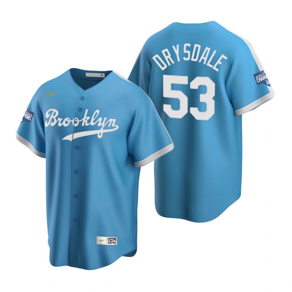 Men Brooklyn Los Angeles Dodgers 53 Don Drysdale Light Blue 2020 World Series Champions Cooperstown 