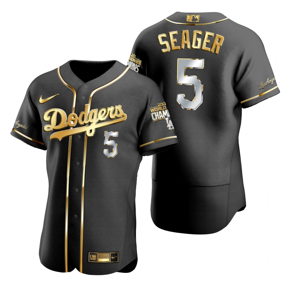 Men Los Angeles Dodgers 5 Corey Seager Black 2020 World Series Champions Gold Edition Jersey