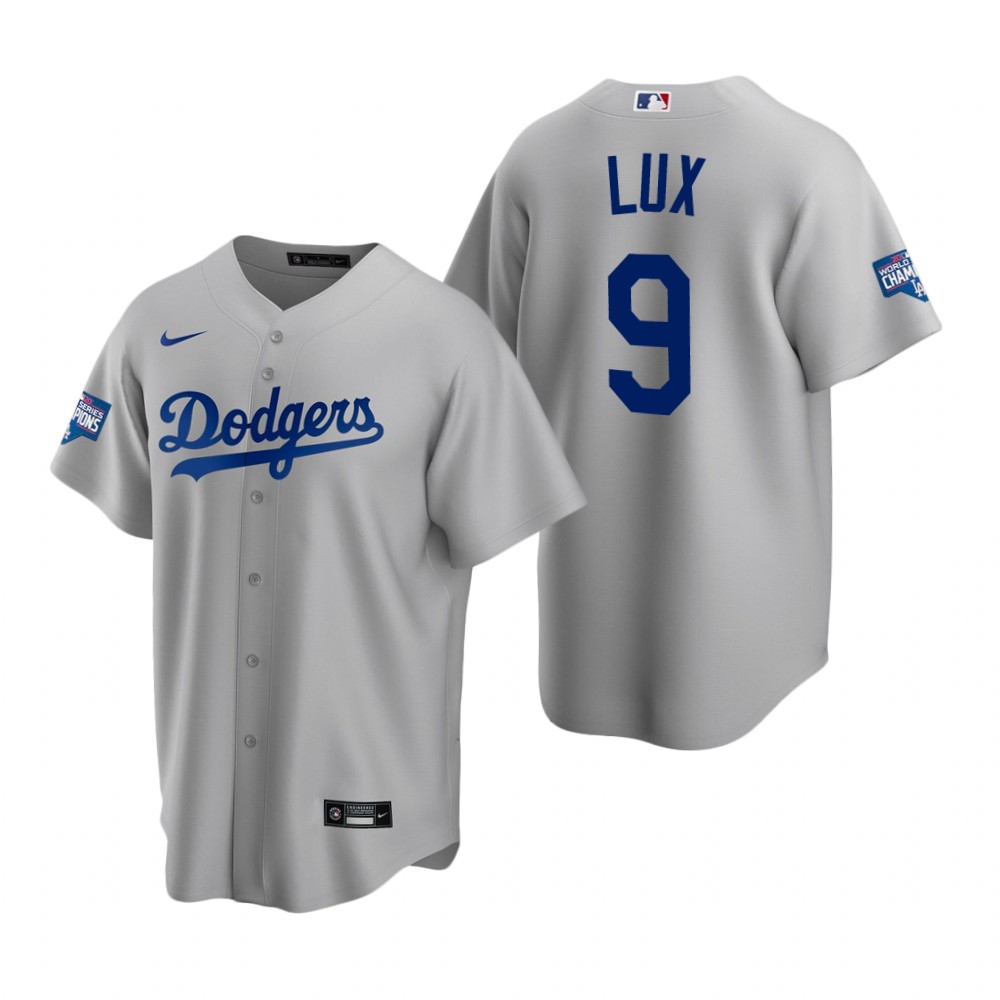 Men Los Angeles Dodgers 9 Gavin Lux Gray 2020 World Series Champions Replica Jersey