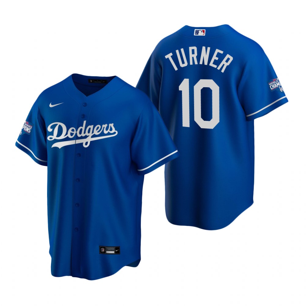 Men Los Angeles Dodgers 10 Justin Turner Royal 2020 World Series Champions Replica Jersey