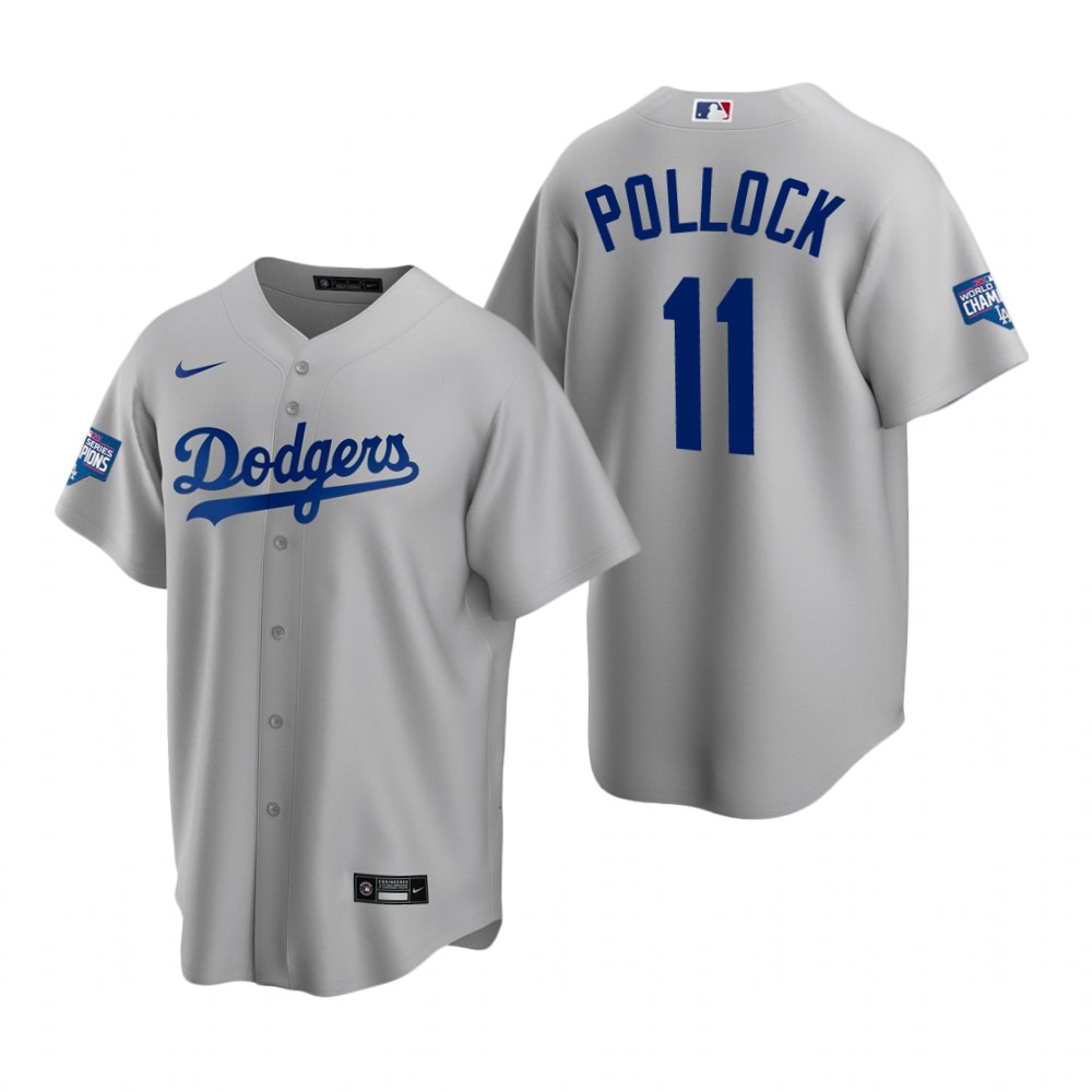 Men Los Angeles Dodgers 11 A J  Pollock Gray 2020 World Series Champions Replica Jersey