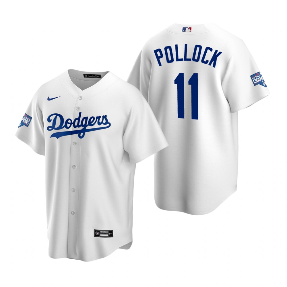 Men Los Angeles Dodgers 11 A J  Pollock White 2020 World Series Champions Replica Jersey