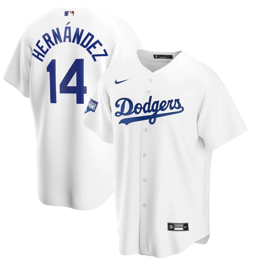 Men Los Angeles Dodgers 14 Enrique Hernandez White Nike 2020 World Series Champions Cool Base Jersey