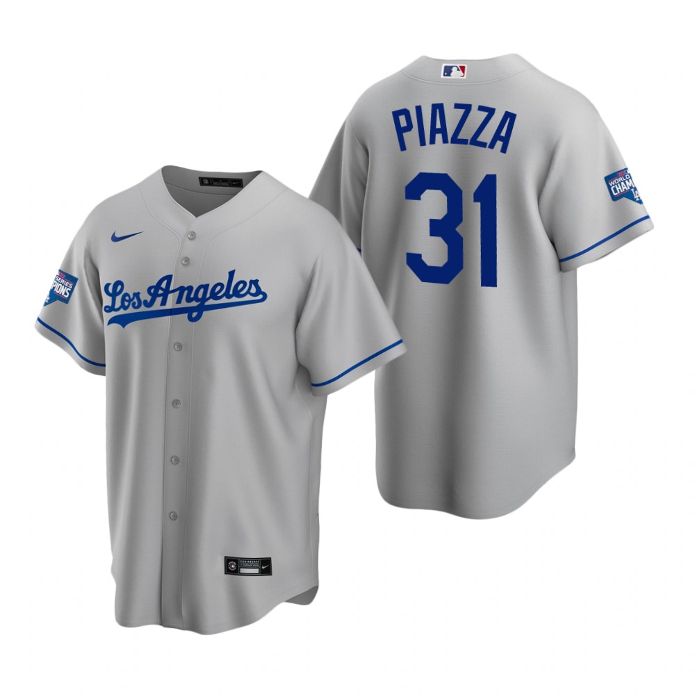 Men Los Angeles Dodgers 31 Mike Piazza Gray 2020 World Series Champions Road Replica Jersey