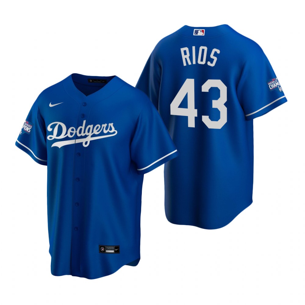 Men Los Angeles Dodgers 43 Edwin Rios Royal 2020 World Series Champions Replica Jersey