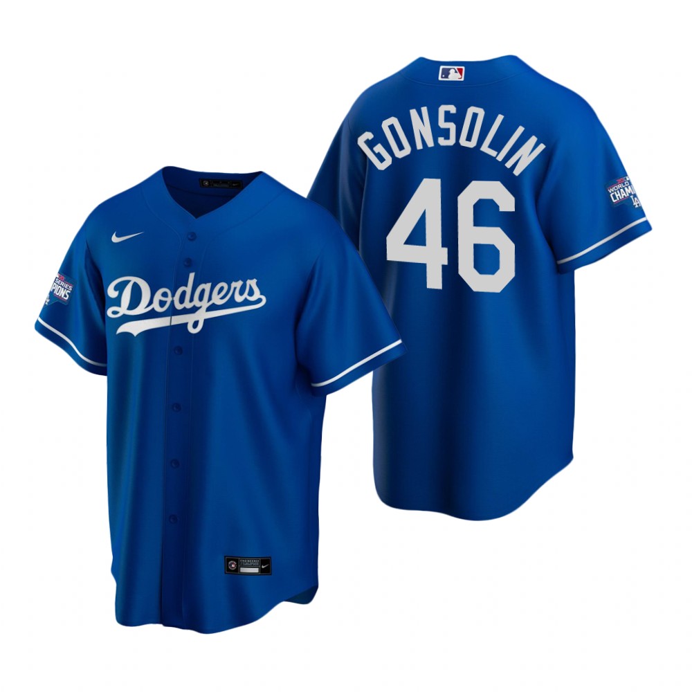 Men Los Angeles Dodgers 46 Tony Gonsolin Royal 2020 World Series Champions Replica Jersey