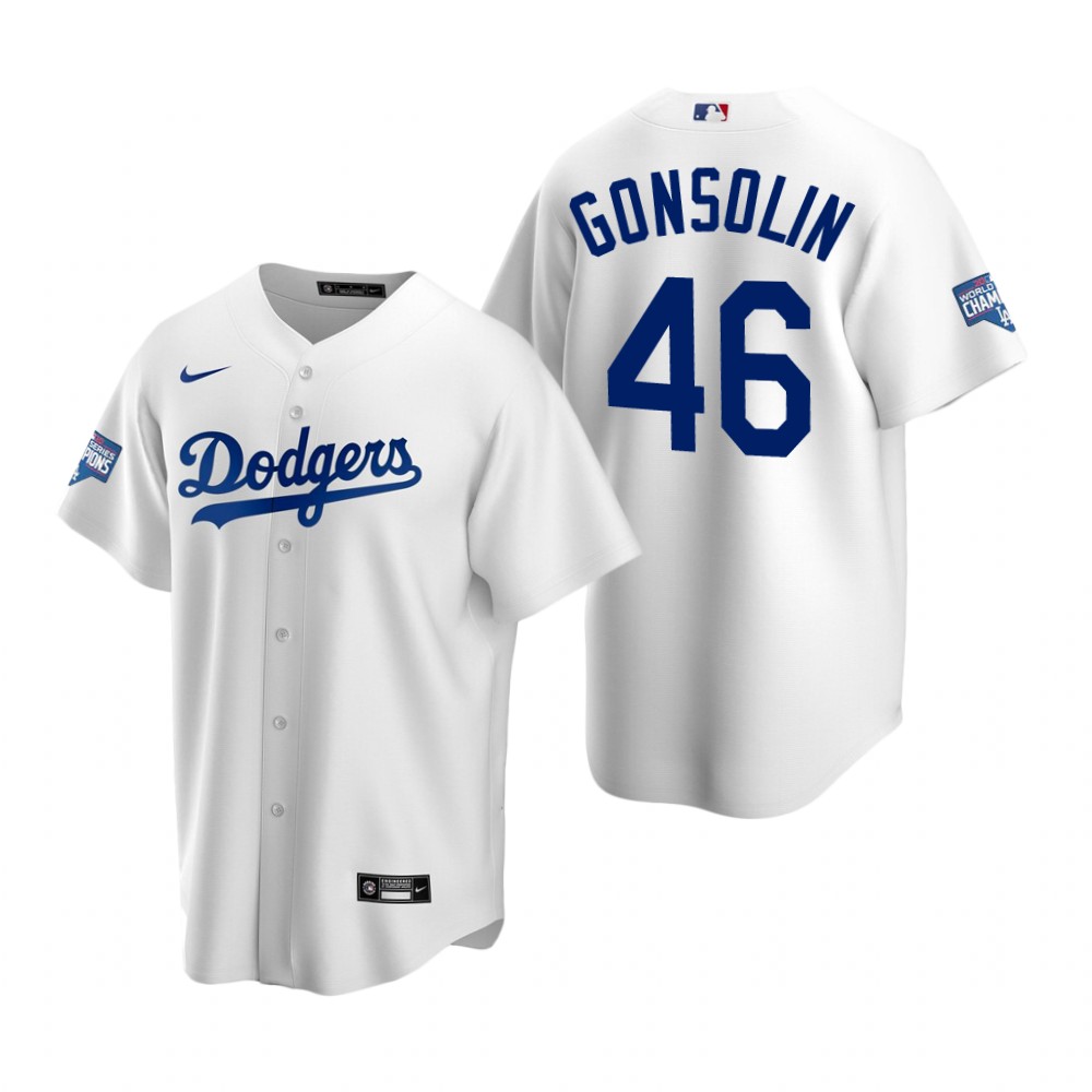 Men Los Angeles Dodgers 46 Tony Gonsolin White 2020 World Series Champions Replica Jersey