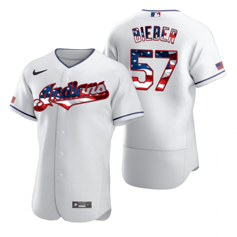 Men Cleveland Indians 57 Shane Bieber Men Nike White Fluttering USA Flag Limited Edition Flex Base M