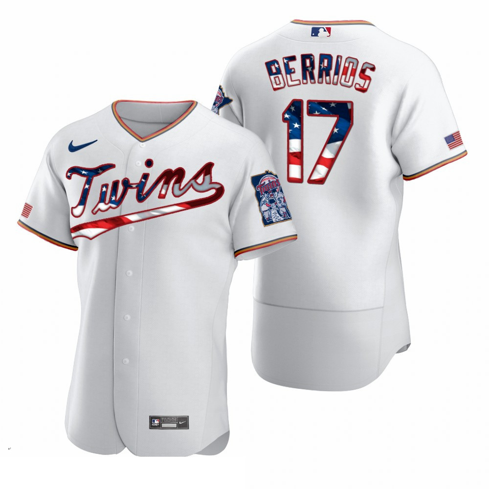 Men Minnesota Twins 17 Jose Berrios Men Nike White Fluttering USA Flag Limited Edition Flex Base MLB