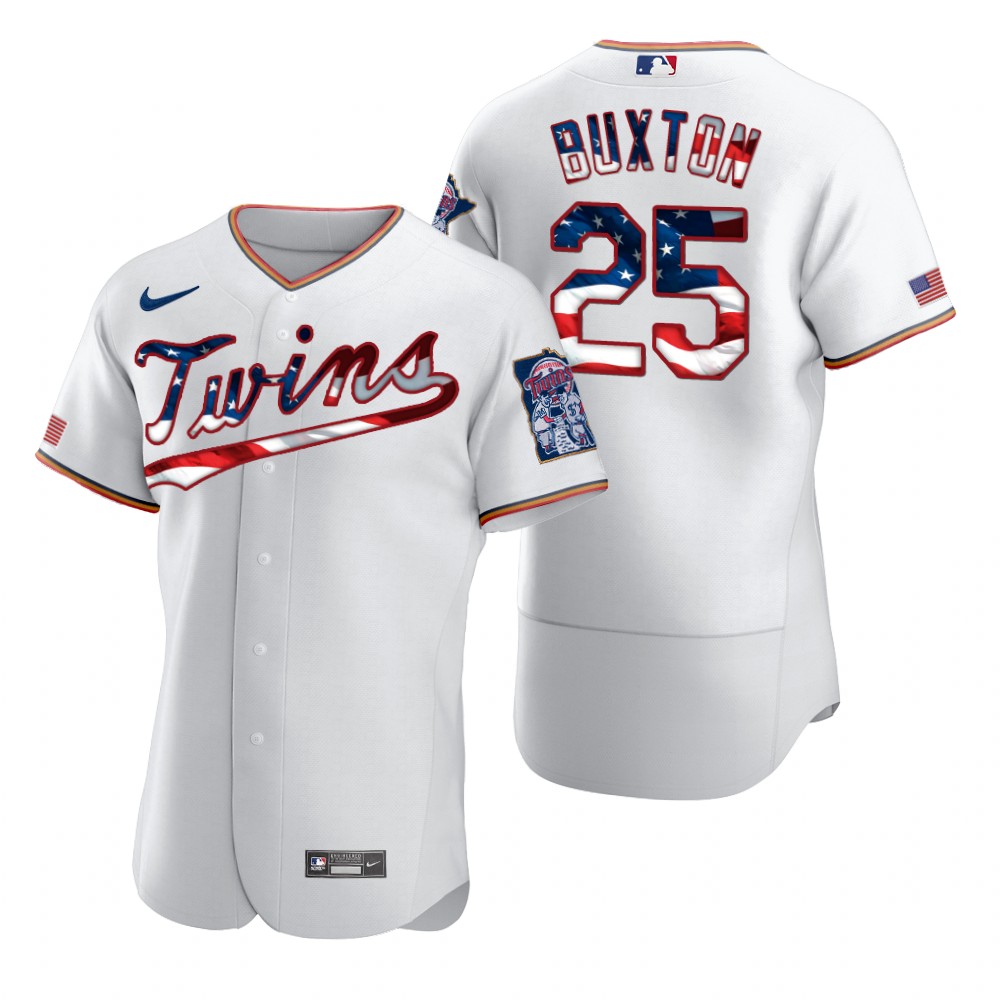 Men Minnesota Twins 25 Byron Buxton Men Nike White Fluttering USA Flag Limited Edition Flex Base MLB